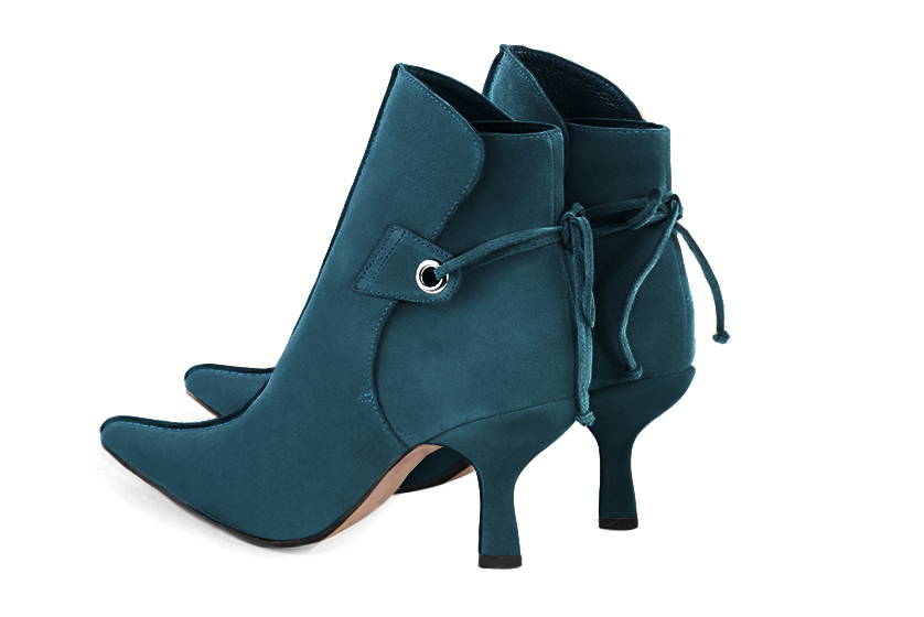 Peacock blue women's ankle boots with laces at the back. Pointed toe. High slim heel. Rear view - Florence KOOIJMAN